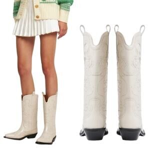 NEW Ganni Embroidered Western Pointed Toe Stacked Heels Boots White Size: 8